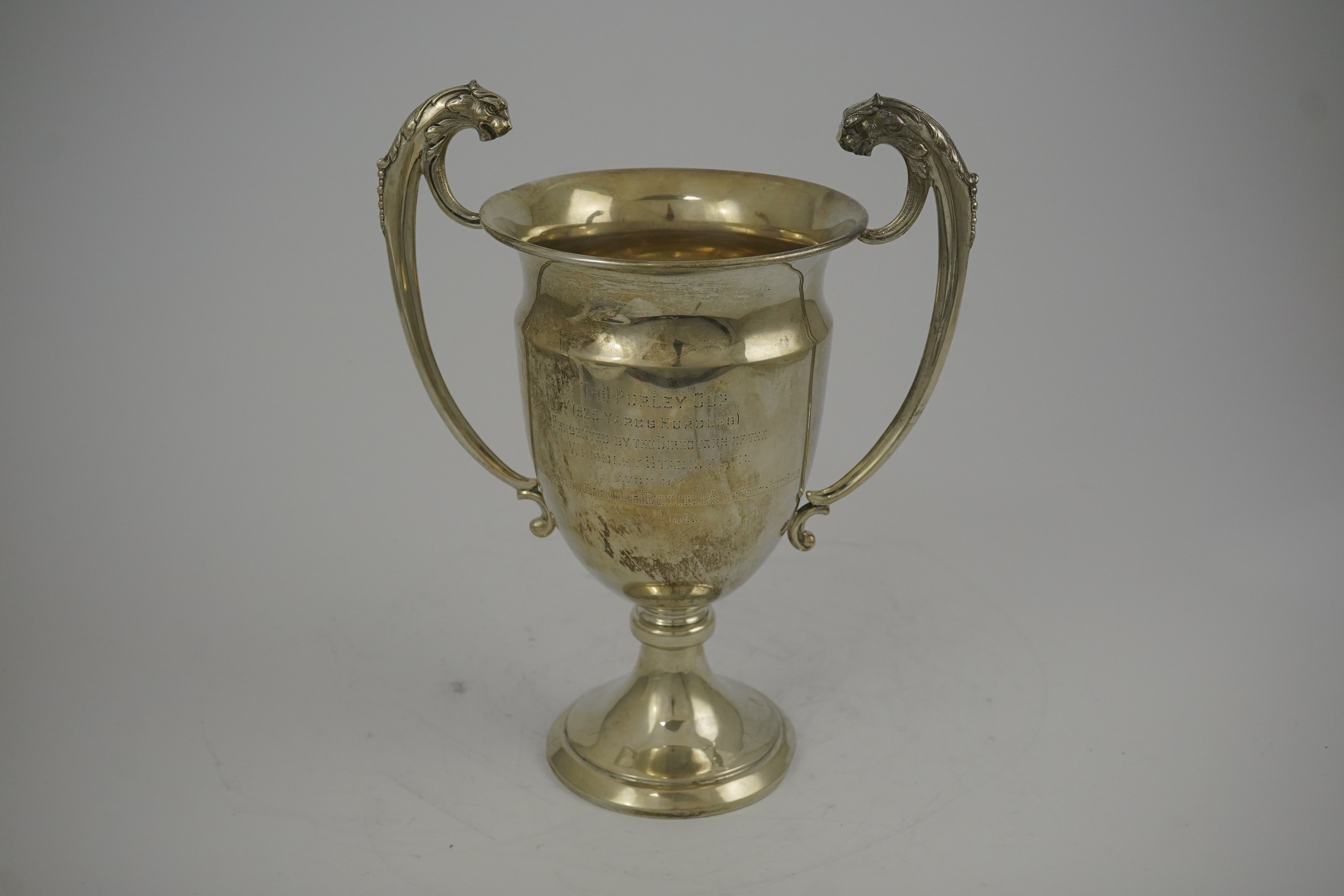 A George V silver two handled presentation greyhound trophy cup, 'The Purley Cup', by Blackmore & Fletcher Ltd